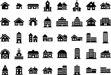 Obraz premium Residential Houses and Buildings Silhouette Vector Icon Set