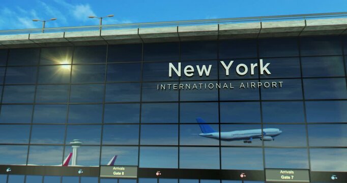New York airplane landing. Jet plane airliner travel to USA, United States and terminal airport arrival.