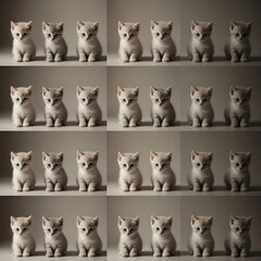 Fototapeta premium A collage of multiple shots of white kittens sitting in rows against a plain background with soft lighting.