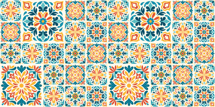 Seamless mexican tile pattern with talavera-inspired floral and geometric motifs in green, orange, yellow and cream. Ornamental ceramic mosaic background with repeating traditional folk squares.