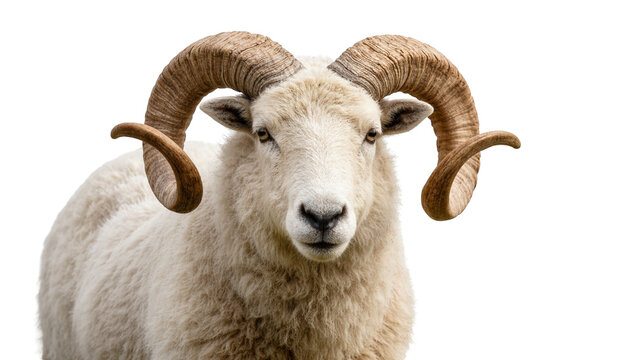 Isolated powerful ram with magnificent spiral horns and soft woolly coat facing forward