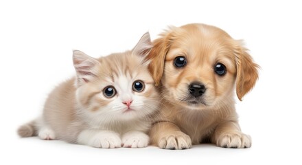 Fototapeta premium A fluffy light brown kitten and a golden retriever puppy lie side-by-side, looking at the camera with innocent eyes.