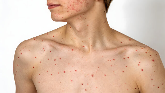 Person showing skin condition with angiomas on chest and neck