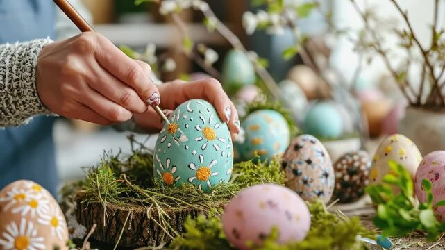 Hand painting floral pattern on teal Easter egg with fine brush in close-up during spring holiday