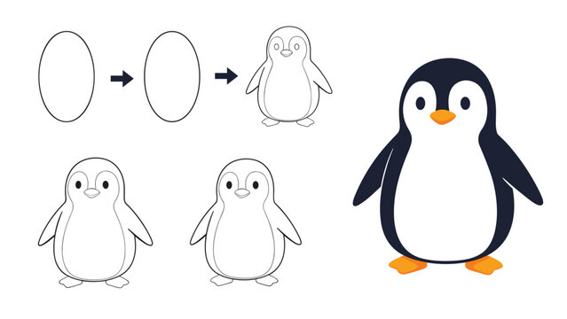 Educational step by step drawing tutorial showing how to create a cute cartoon penguin from simple oval shapes to a fully colored character.