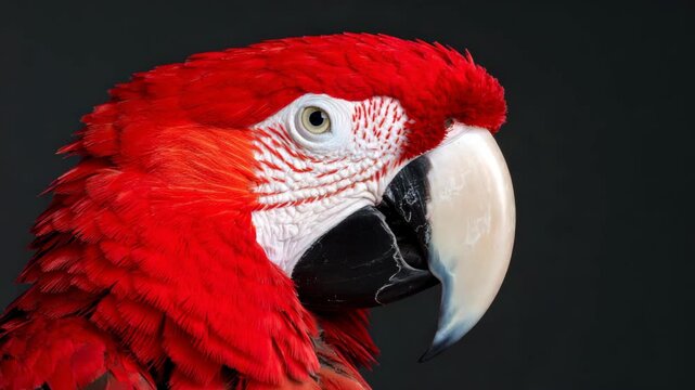 Close up profile of a vibrant red scarlet macaw parrot head showcasing detailed feathers and beak against a black background