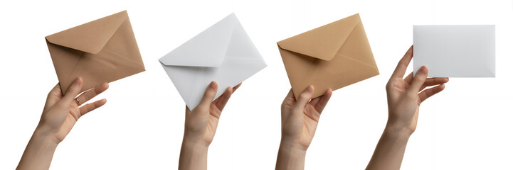 Hands holding envelopes and cards from side white brown
