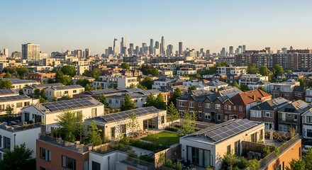 Urban skyline blending residential and commercial architecture against a cityscape horizon