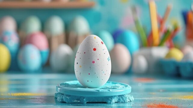 Speckled white Easter egg on teal stand in colorful craft studio with slow camera push in close-up