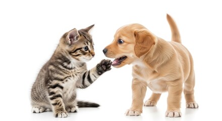 Fototapeta premium A playful tabby kitten gently touches a golden retriever puppy's nose on a clean white background.