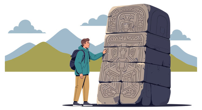 Adventurer examines ancient stone monument with hieroglyphs in a mountain landscape