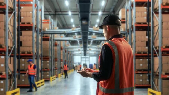 Worker Diligently Verifies Stock Levels On Tall Shelving While Colleagues Perform Various Tasks Nearby