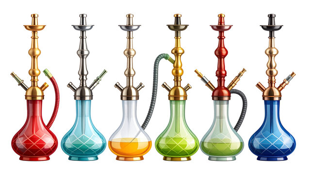 Colorful Hookah Pipes Linear Arrangement Flat Vector Illustration Set
