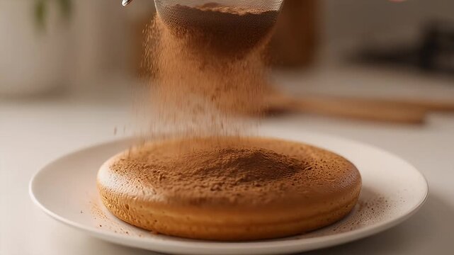 Delicate dusting of cocoa powder over a pancake on a white plate