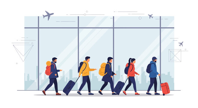 Diverse group of travelers with luggage walking in airport terminal, ready for vacation or business trip.