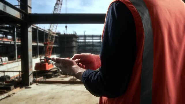 Industrial Construction Environment With Supervisor Operating Tablet For Planning And Safety Monitoring Tasks
