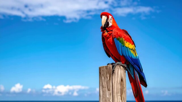 Vibrant red scarlet macaw parrot perched on a wooden post against a clear blue sky with fluffy white clouds