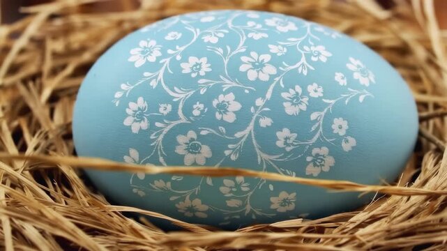 Blue Easter egg with intricate white flower pattern nestled in woven straw nest in extreme macro close-up