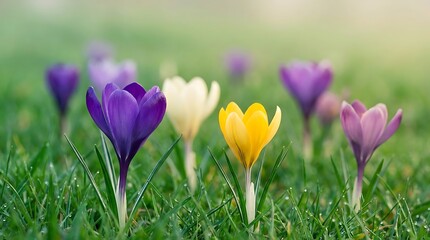 Beautiful purple and yellow crocus flowers blooming in a green spring meadow