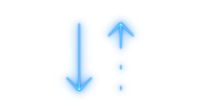 Colorful glowing neon up and down arrows and scroll indicator icons isolated on transparent background. Directional. Navigation. Movement. User interface. Pointer.