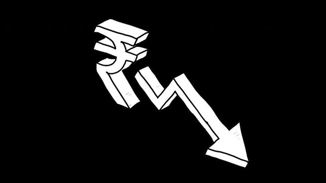 4K Animated Video of 3D Hand Drawn Black and White Indian Rupee Downward Arrow Alpha Transparent, animation represents financial loss, economic decline, and market crashes.