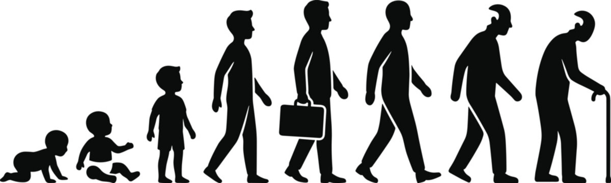 Human life cycle silhouette showing male evolution from baby to old man with walking stick isolated on white background concept.