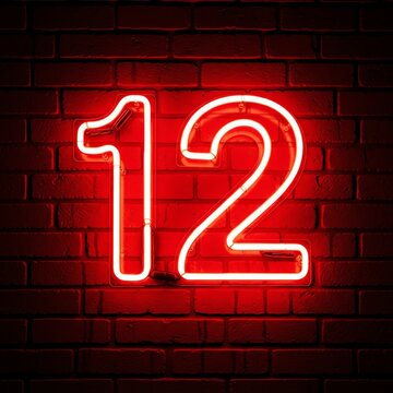 Neon sign displaying the number 12 mounted on a dark red brick wall with a dramatic glow.