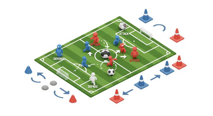 Isometric Soccer Field Diagram with Players and Cones. © Iyan