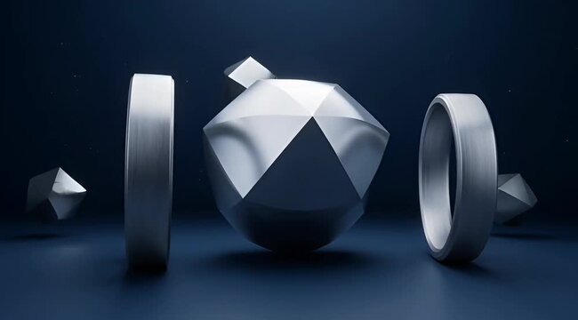 Abstract rendering of shiny silver geometric shapes floating on a dark background