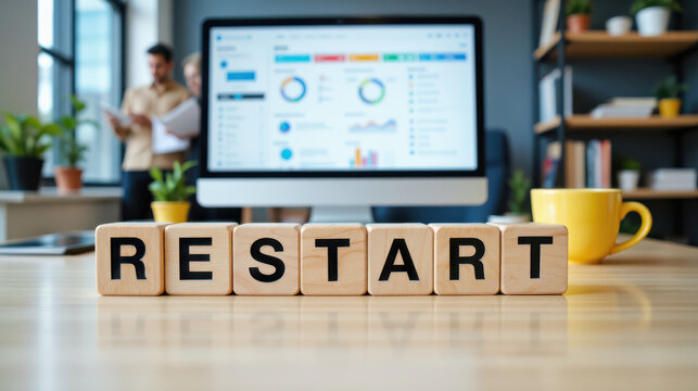 Restart message for business recovery and fresh project launch, showing reset, renewal and relaunch planning after pause, setback or system change with focus on continuity and next action steps
