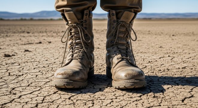 Worn Military Boots Standing on Cracked Desert Ground