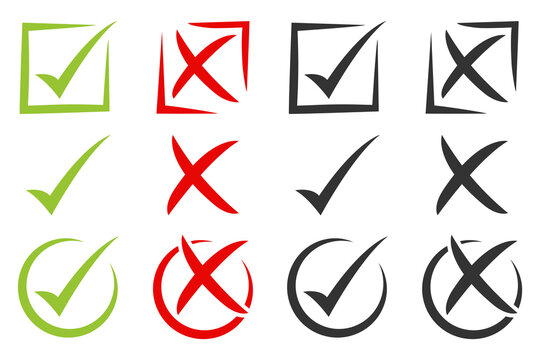 Set of approval and denial icons with check marks and cross signs in different shapes and colors