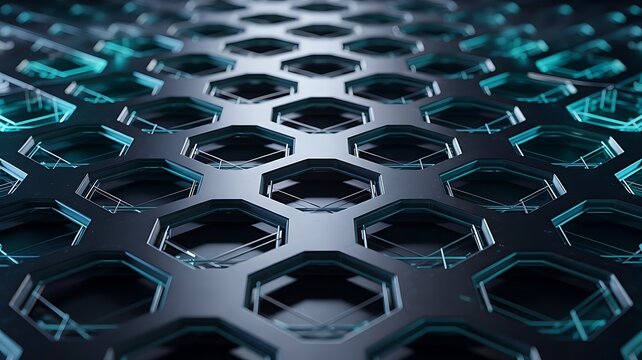 A close-up view of a metallic surface with a honeycomb pattern featuring hexagonal holes and blue glowing lines