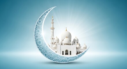 Naklejka premium White mosque behind crescent moon with blue pattern on gradient blue background white building gold accents