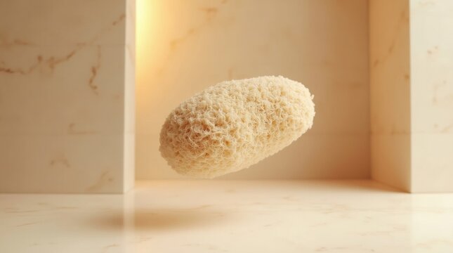 Esponja de lufa natural con textura intrincada y tono terroso flotando serenamente en el aire