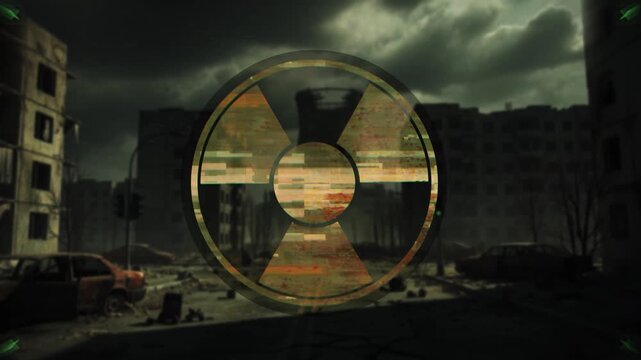 Warning Indicator Shows Radioactive Contamination Over Deserted Structures Under Stormy Atmospheric Conditions