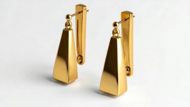 Pair of elegant geometric gold drop earrings displayed on a minimalist white surface with soft studio lighting