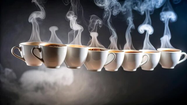 Multiple white porcelain coffee cups suspended in a line with swirling steam on a dark atmospheric background