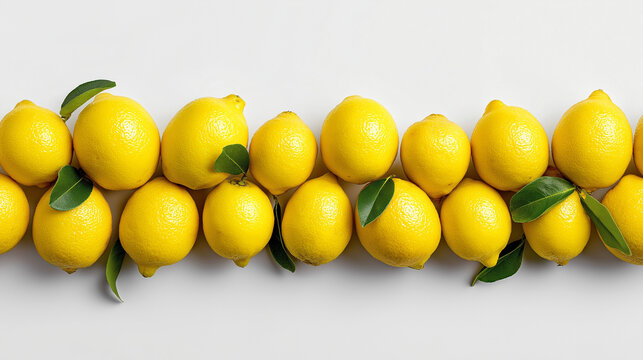 ow of fresh yellow lemons with green leaves isolated on white background.