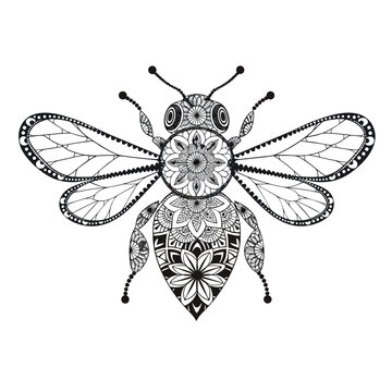 Intricate Mandala Bee Line Art Vector for Adult Coloring Book and Tattoo Design.