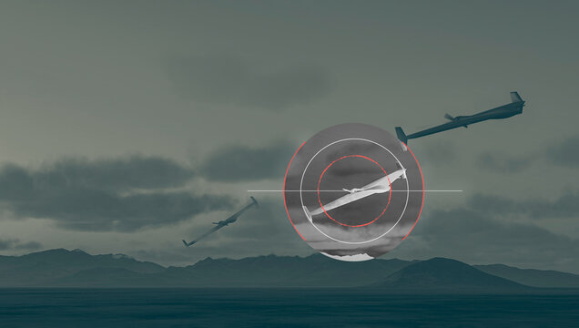 The HESA Shahed 136 in Russian service, is an Iranian loitering munition in the form of an autonomous pusher-prop drone. Drones flying at night. Sensitive targets, attack. Drone kamikaze, 3d rendering