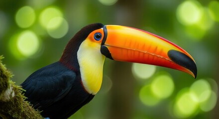 Fototapeta premium A vibrant toucan with a striking orange beak and yellow chest perches in a lush green tropical forest.
