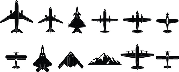 Airplane silhouette collection vector illustration, aircraft top view icons set including passenger jet, fighter plane and propeller aircraft isolated © MdRayhan