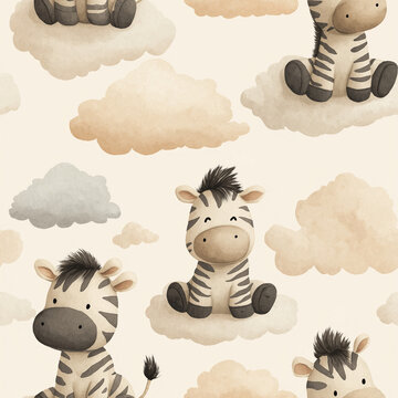 Cute zebra nursery pattern with soft watercolor baby zebras sitting on fluffy clouds, arranged in a seamless pastel background for children decor, fabric prints, wallpaper, and bedding art