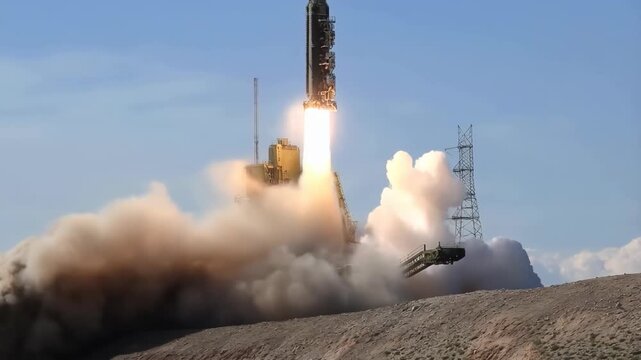 Rocket launching from a launchpad with smoke and flames rising featuring launch, space, missile with blast and explosion elements for liftoff, space