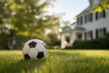 Fototapeta premium Soccer ball on green grass near large house suitable for sports, real estate, outdoor activities, recreation, lifestyle, and property advertising.