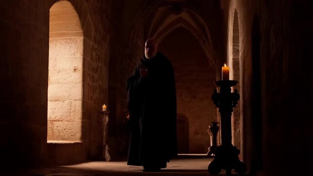 Monk holding a candle walking through an ancient stone monastery corridor with natural light and arches