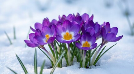 Fototapeta premium Beautiful purple crocus flowers blooming through fresh white snow in early spring season