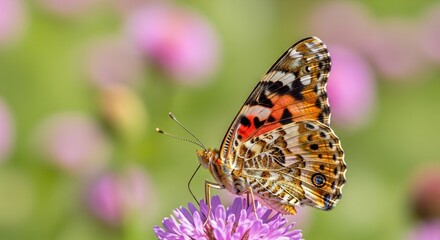A vibrant Painted Lady butterfly with intricate orange, black, and white patterns on its wings, gracefully perched on a delicate purple flower in a soft-focus natural setting.