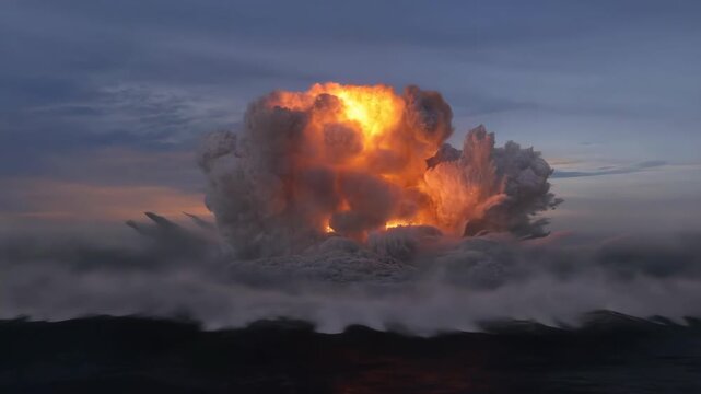 Explosion nuclear detonation over the open ocean with bright orange light featuring blast, wave, water with cloudy and sky elements for sunset, sea